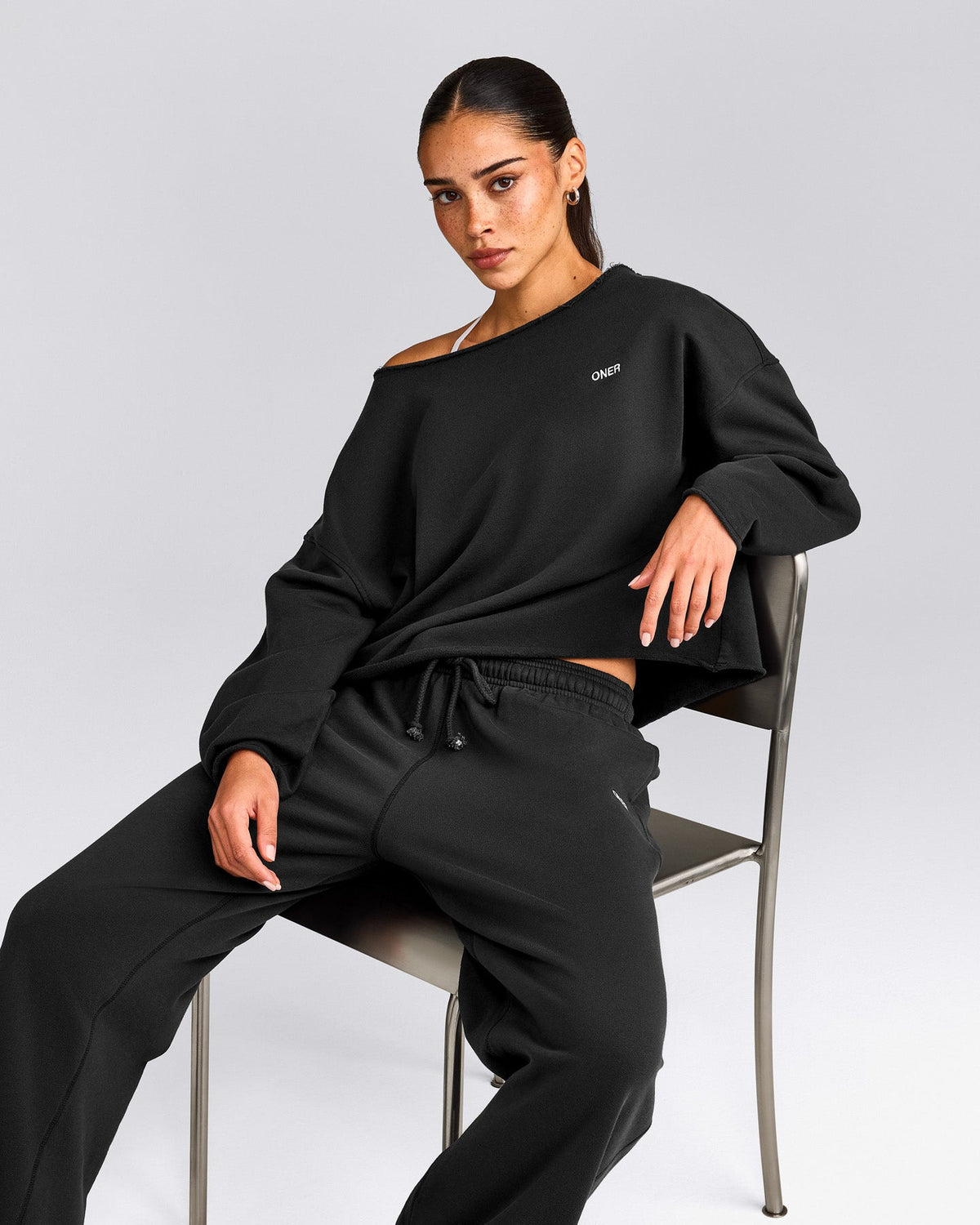 Oner Active Cotton Vintage Lounge Off-The-Shoulder Sweatshirt | Washed Black