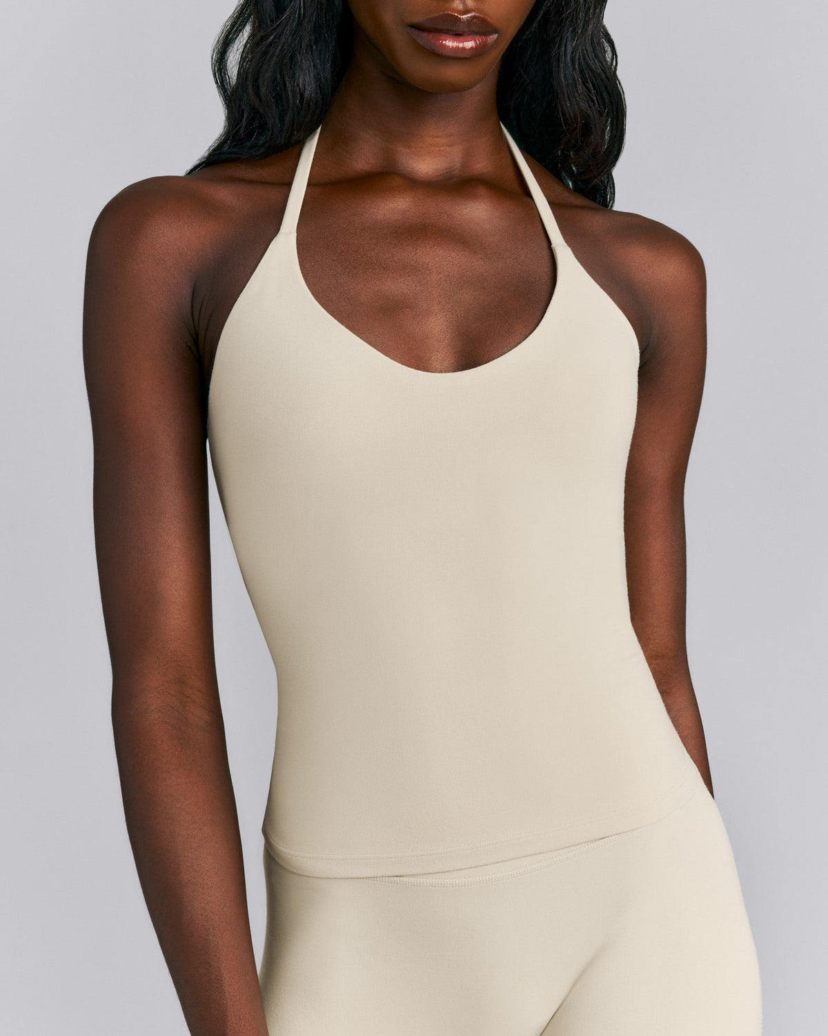 Oner Active SoftMotion™ Strappy Halter Neck Tank Top with Built in Bra Shelf | Oatmeal
