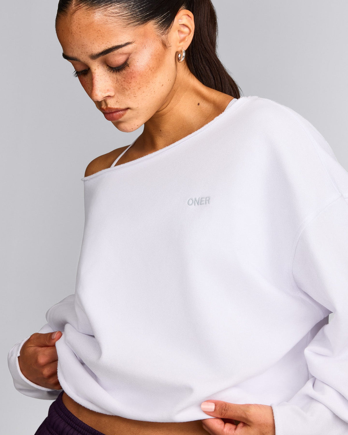 Oner Active Cotton Vintage Lounge Off-The-Shoulder Sweatshirt | White