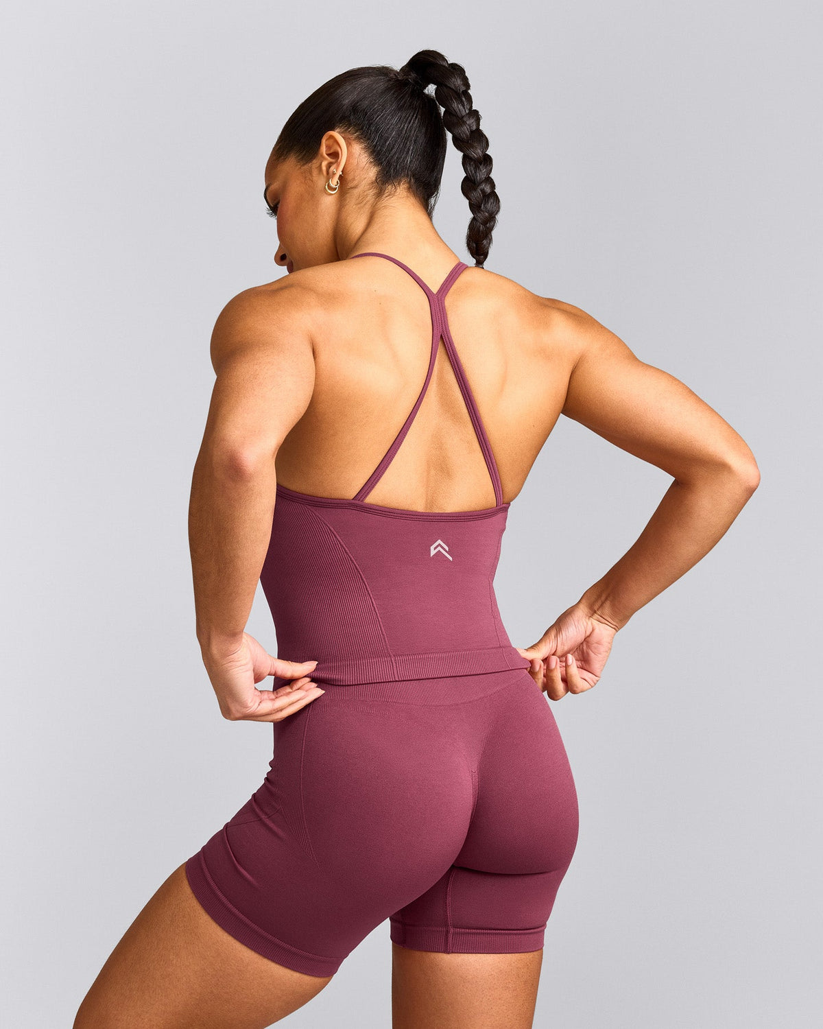 Oner Active EnhanceLift™ Seamless Strappy Racer Tank Top with Built in Bra Shelf | Burnt Maroon Red