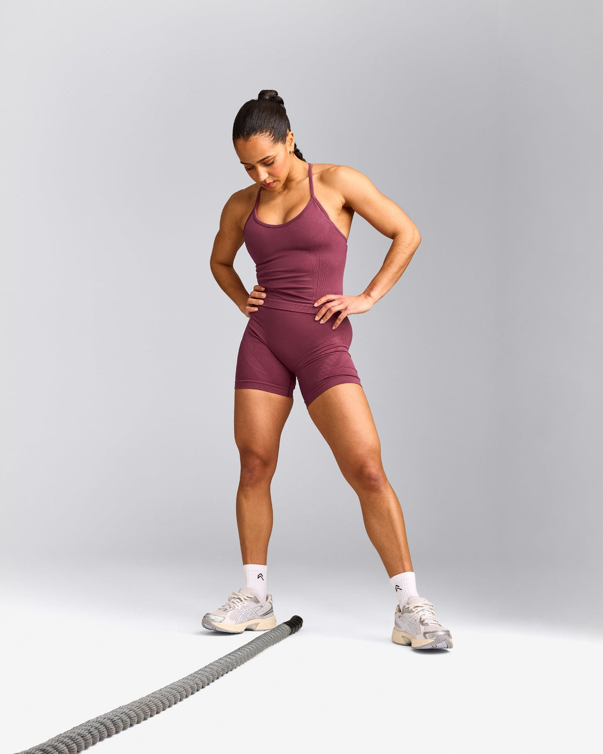 Oner Active EnhanceLift™ Seamless Strappy Racer Tank Top with Built in Bra Shelf | Burnt Maroon Red