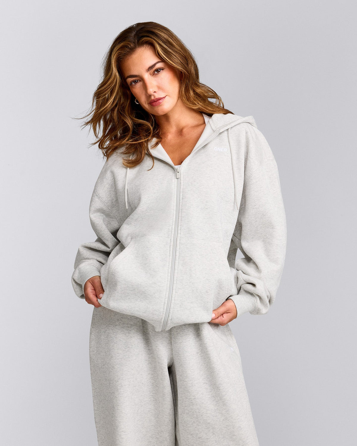 Oner Active Foundations Cosy Oversized Zip Up Hoodie | Light Gray Marl