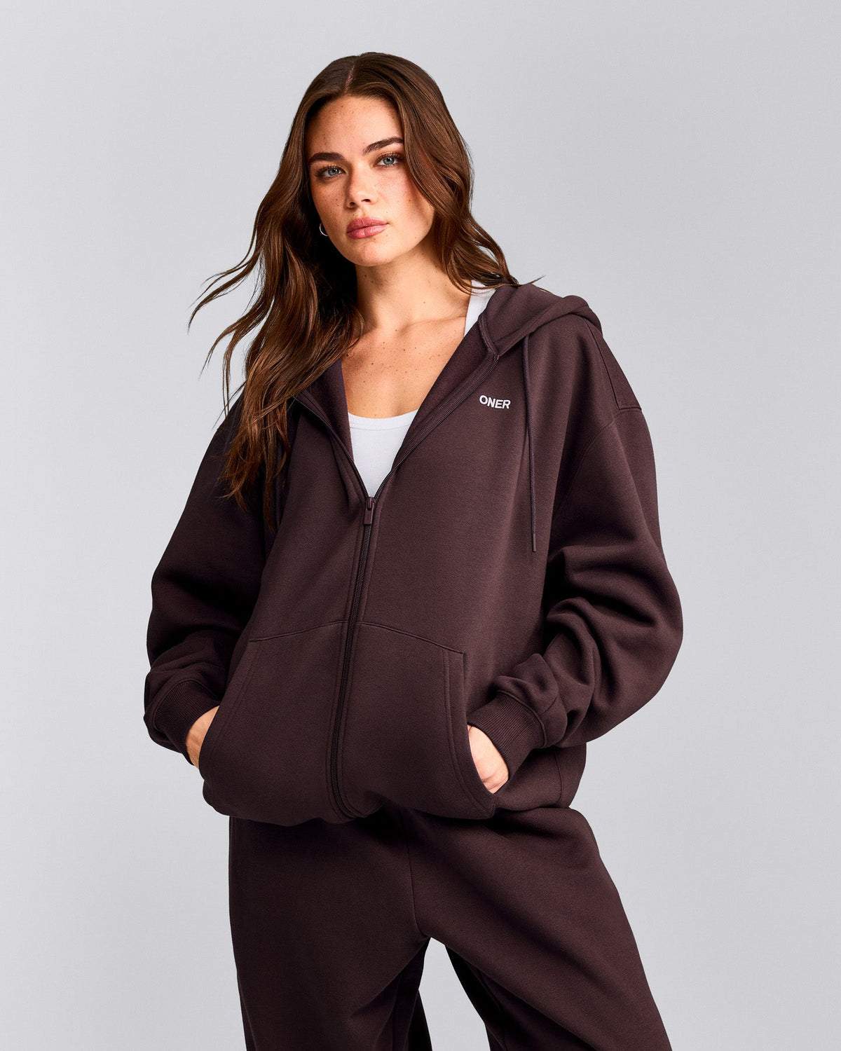 Oner Active Foundations Cosy Oversized Zip Up Hoodie | Plum Brown
