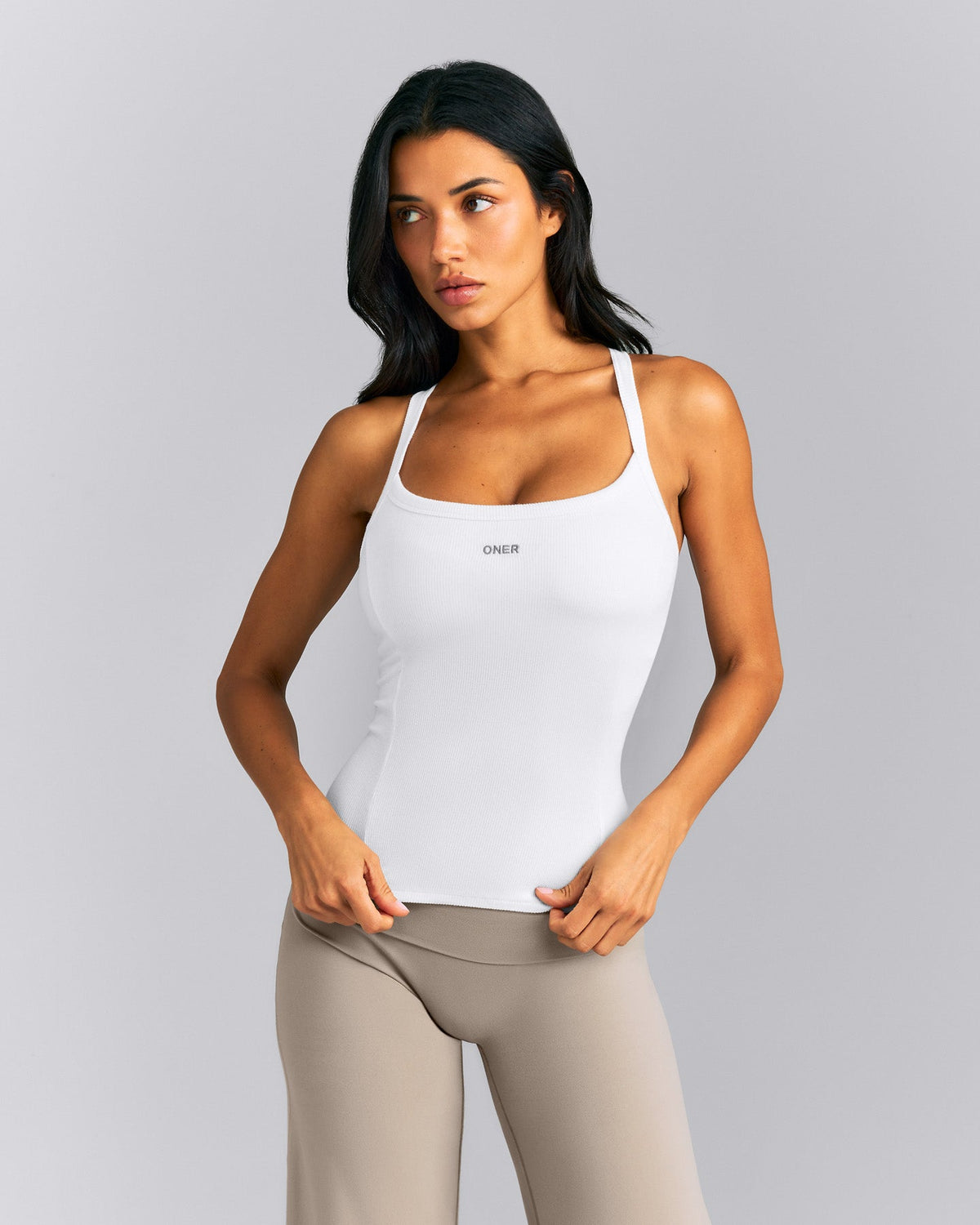 Oner Active Mellow™ Rib Racer Back Tank Top with Built in Bra Shelf | White