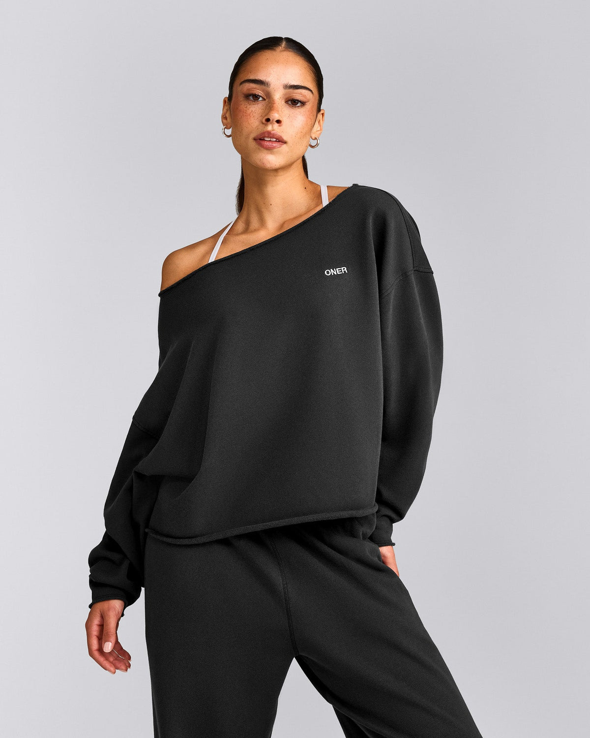 Oner Active Cotton Vintage Lounge Off-The-Shoulder Sweatshirt | Washed Black