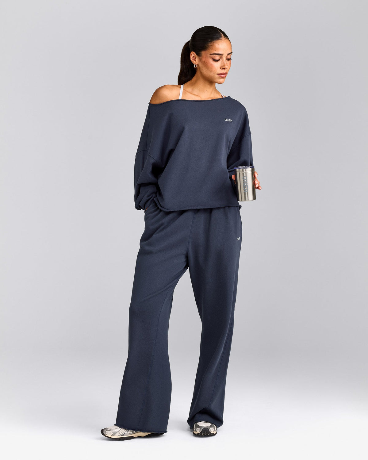 Oner Active Cotton Vintage Lounge Off-The-Shoulder Sweatshirt | Washed True Blue