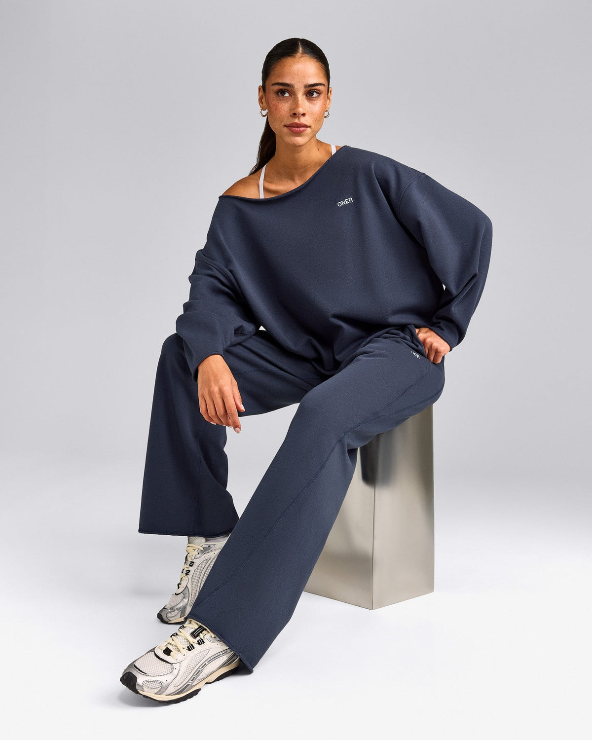 Oner Active Cotton Vintage Lounge Off-The-Shoulder Sweatshirt | Washed True Blue