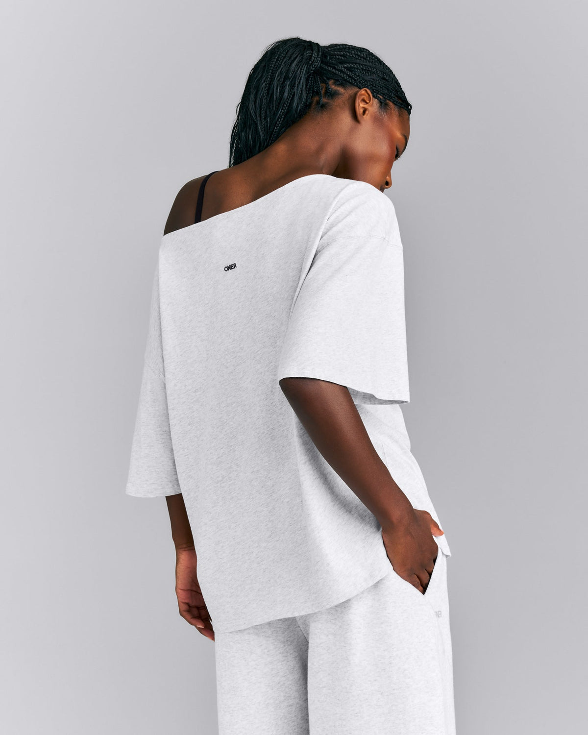 Oner Active Slouchy One Shoulder T-Shirt | Light Gray Marl
