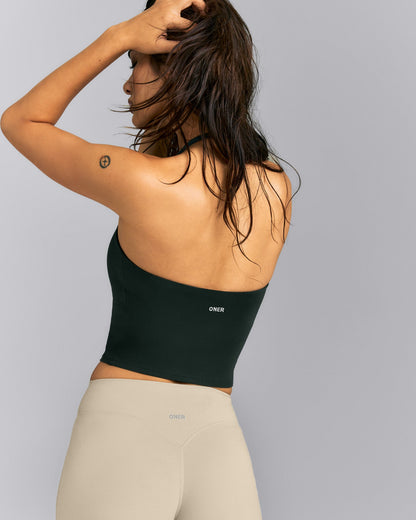 Oner Active SoftMotion™ Strappy Halter Neck Mid Tank Top with Built in Bra Shelf | Emerald Noir