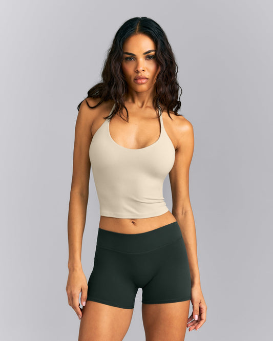 Oner Active SoftMotion™ Strappy Halter Neck Mid Tank Top with Built in Bra Shelf | Oatmeal