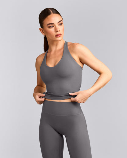 Oner Active SoftMotion™ Racer Back Mid Tank Top with Built in Bra Shelf | Ash Gray