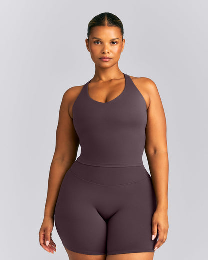Oner Active SoftMotion™ Racer Back Mid Tank Top with Built in Bra Shelf | Dark Umber Brown