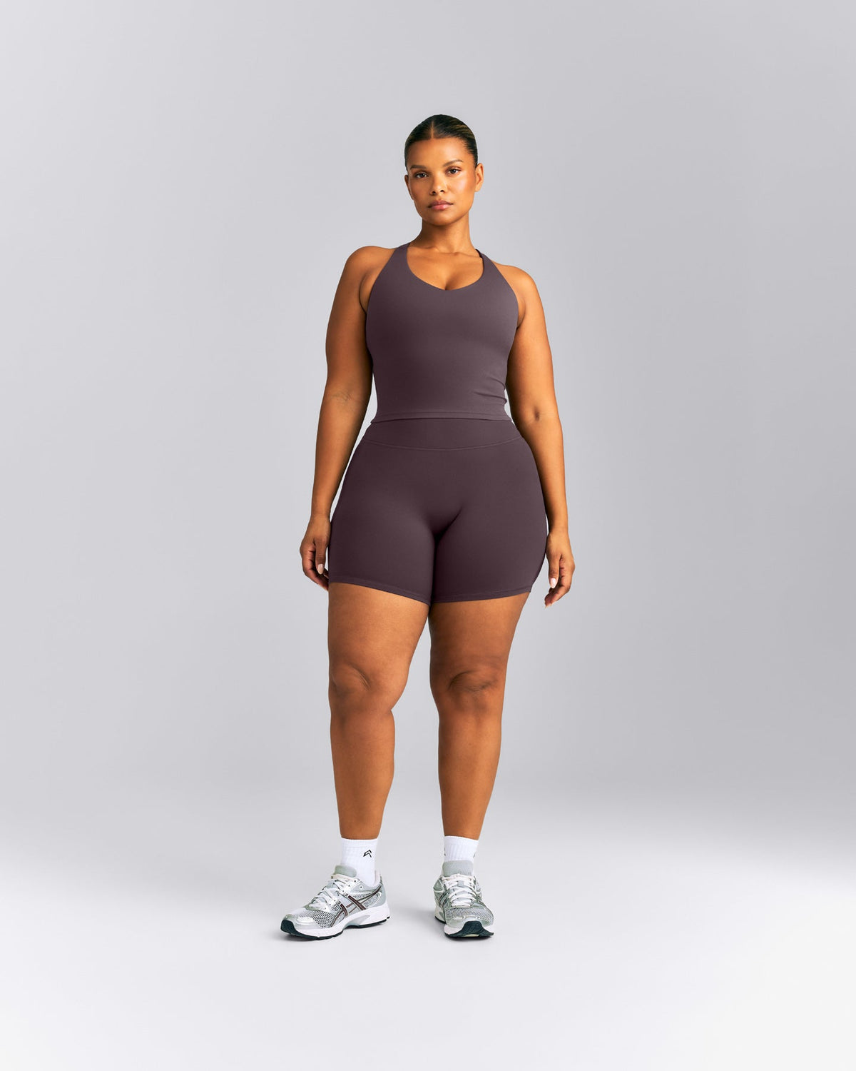 Oner Active SoftMotion™ Racer Back Mid Tank Top with Built in Bra Shelf | Dark Umber Brown