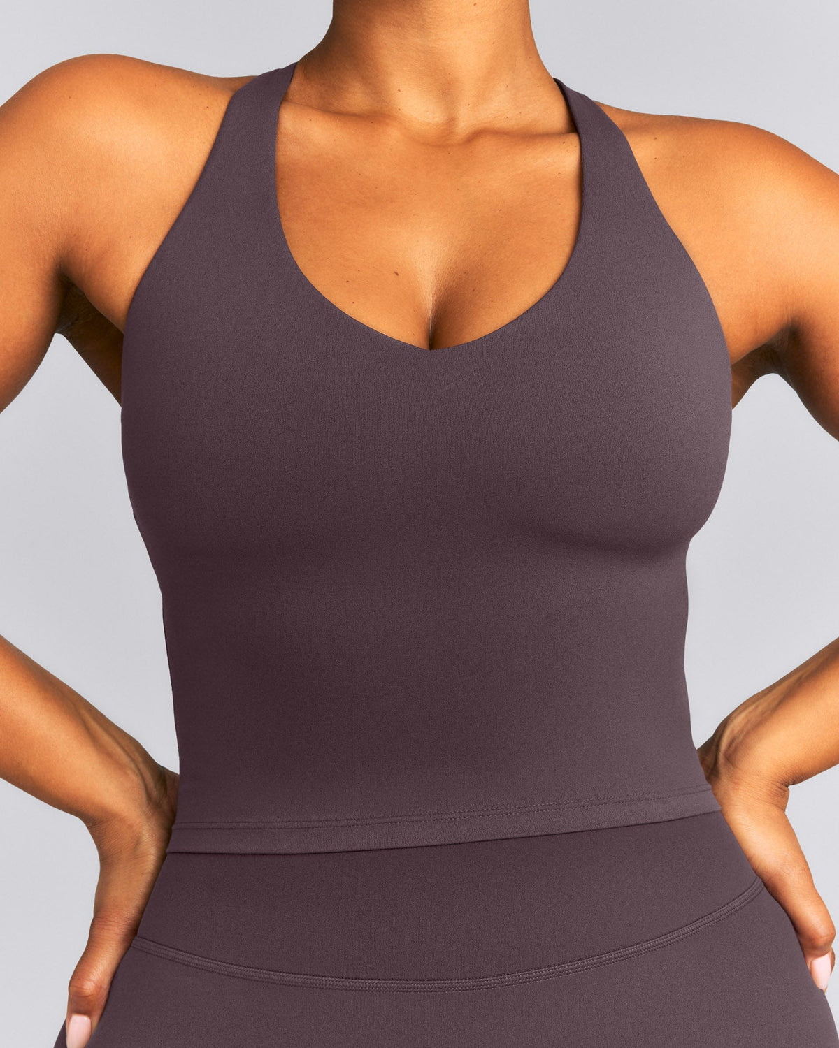 Oner Active SoftMotion™ Racer Back Mid Tank Top with Built in Bra Shelf | Dark Umber Brown