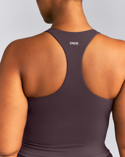 Oner Active SoftMotion™ Racer Back Mid Tank Top with Built in Bra Shelf | Dark Umber Brown