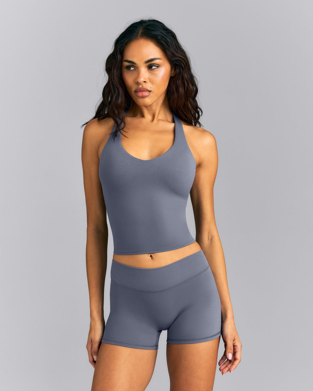 Oner Active SoftMotion™ Racer Back Mid Tank Top with Built in Bra Shelf | Granite Blue