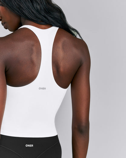 Oner Active SoftMotion™ Racer Back Mid Tank Top with Built in Bra Shelf | White
