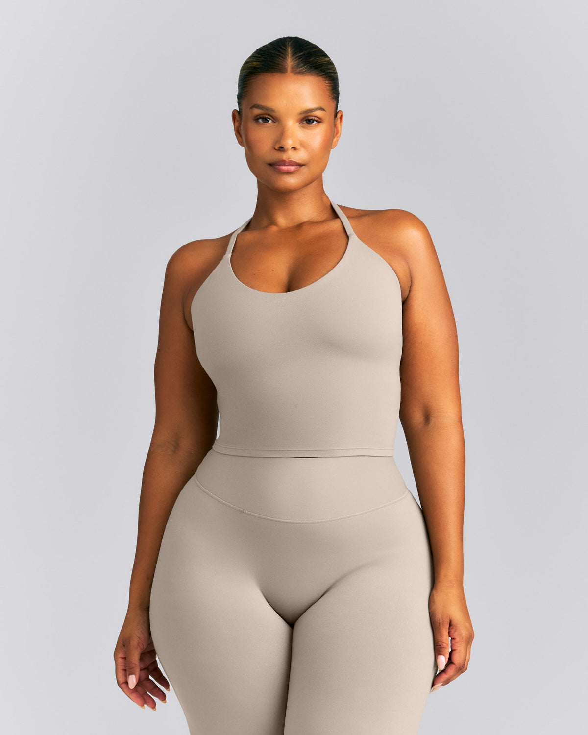 Oner Active SoftMotion™ Strappy Halter Neck Mid Tank Top with Built in Bra Shelf | Warm Sand