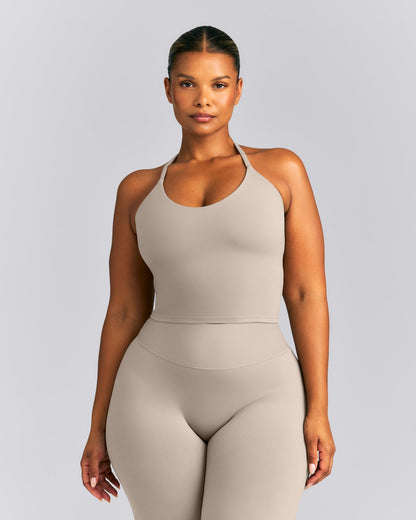 Oner Active SoftMotion™ Strappy Halter Neck Mid Tank Top with Built in Bra Shelf | Warm Sand