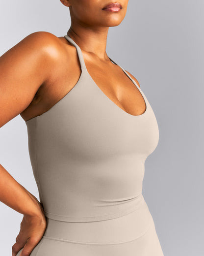 Oner Active SoftMotion™ Strappy Halter Neck Mid Tank Top with Built in Bra Shelf | Warm Sand