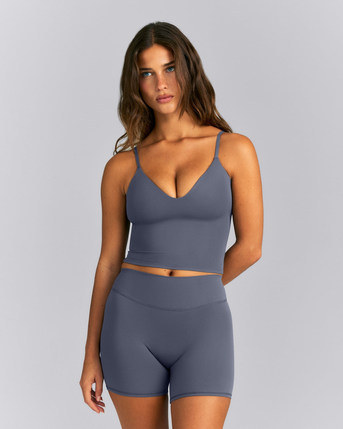 Oner Active SoftMotion™ Adjustable V Neck Mid Tank Top with Built in Bra Shelf | Granite Blue