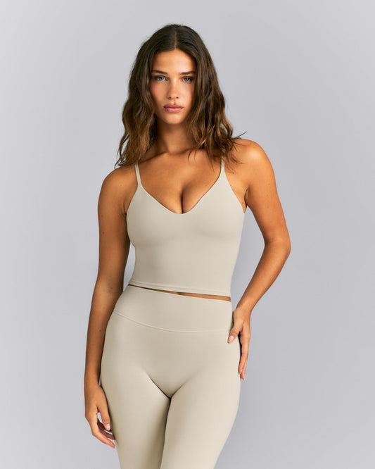 Oner Active SoftMotion™ Adjustable V Neck Mid Tank Top with Built in Bra Shelf | Oatmeal