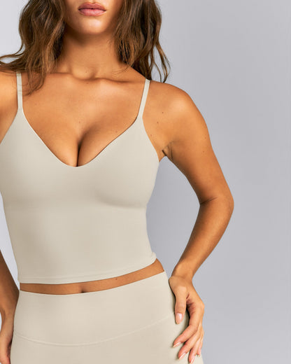 Oner Active SoftMotion™ Adjustable V Neck Mid Tank Top with Built in Bra Shelf | Oatmeal