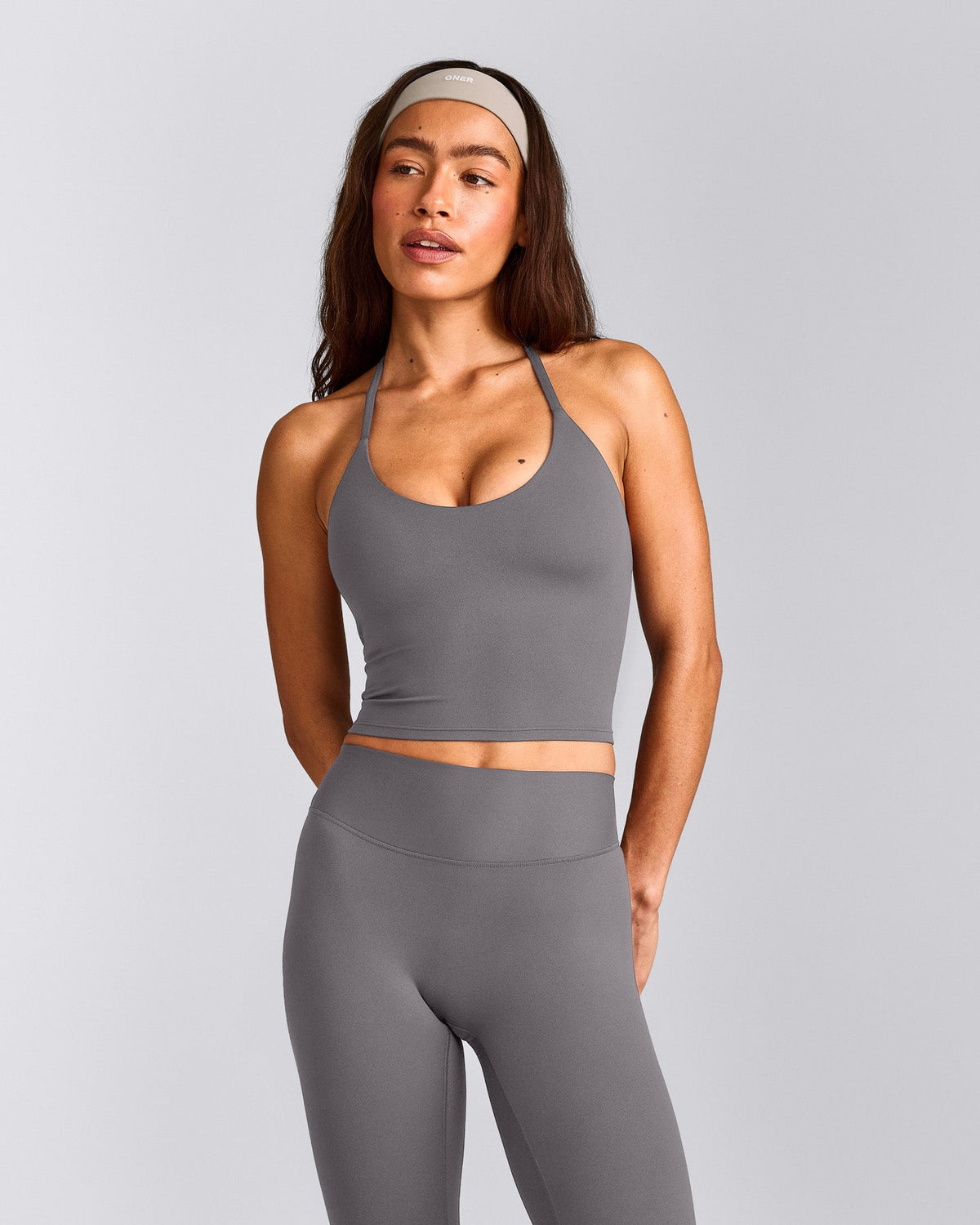 Oner Active SoftMotion™ Strappy Halter Neck Mid Tank Top with Built in Bra Shelf | Ash Gray