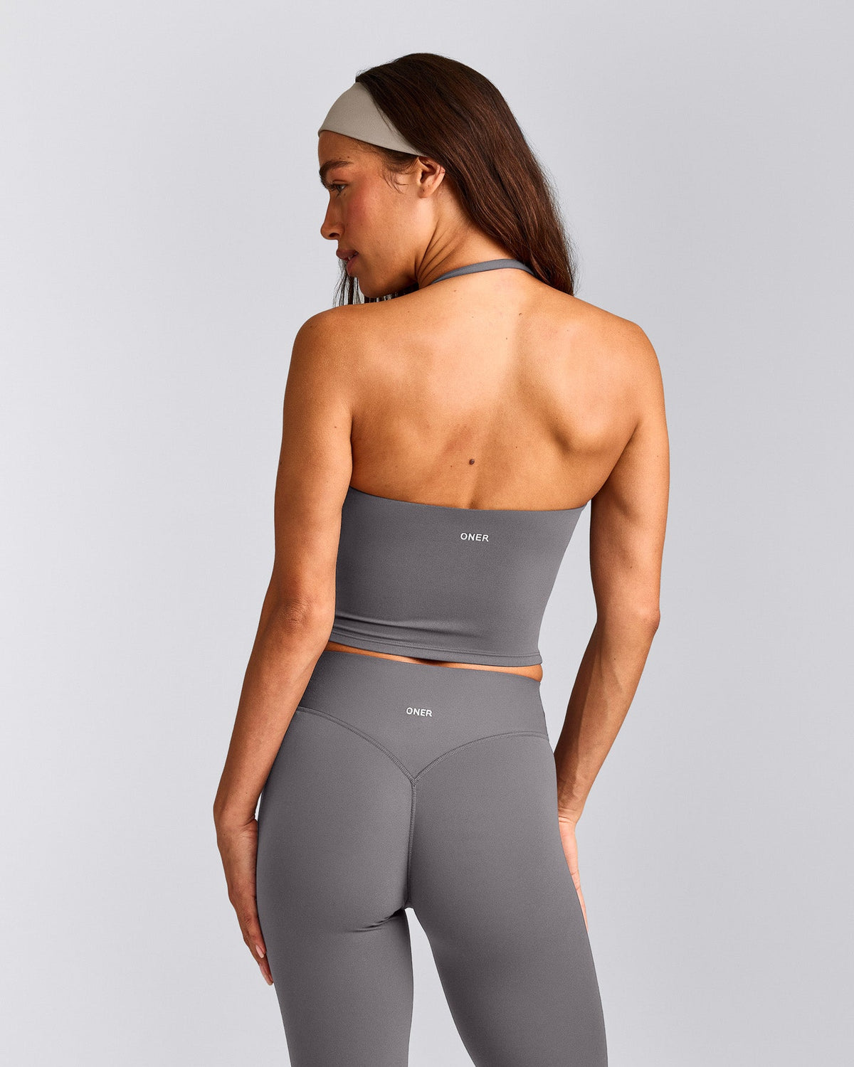 Oner Active SoftMotion™ Strappy Halter Neck Mid Tank Top with Built in Bra Shelf | Ash Gray