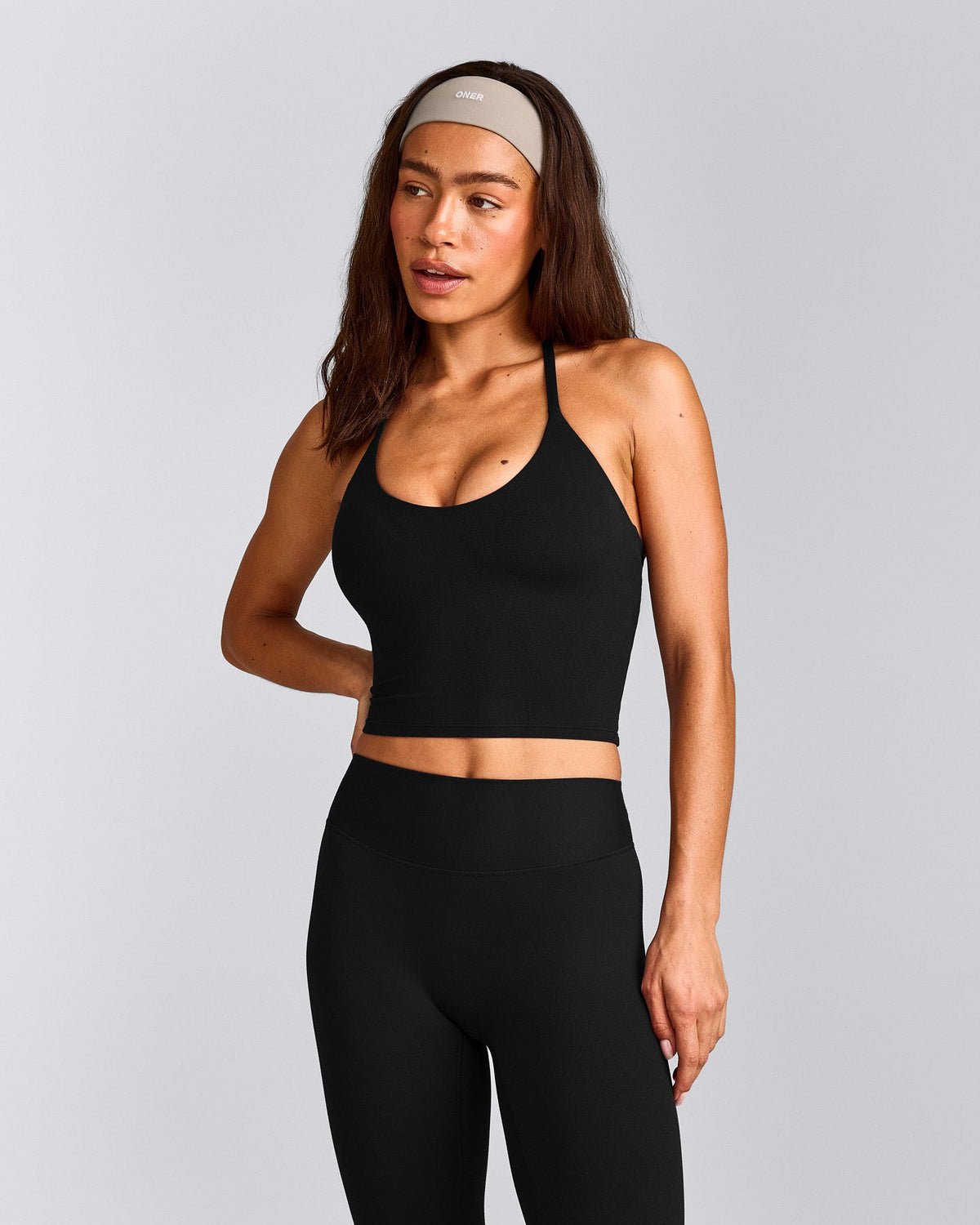 Oner Active SoftMotion™ Strappy Halter Neck Mid Tank Top with Built in Bra Shelf | Black