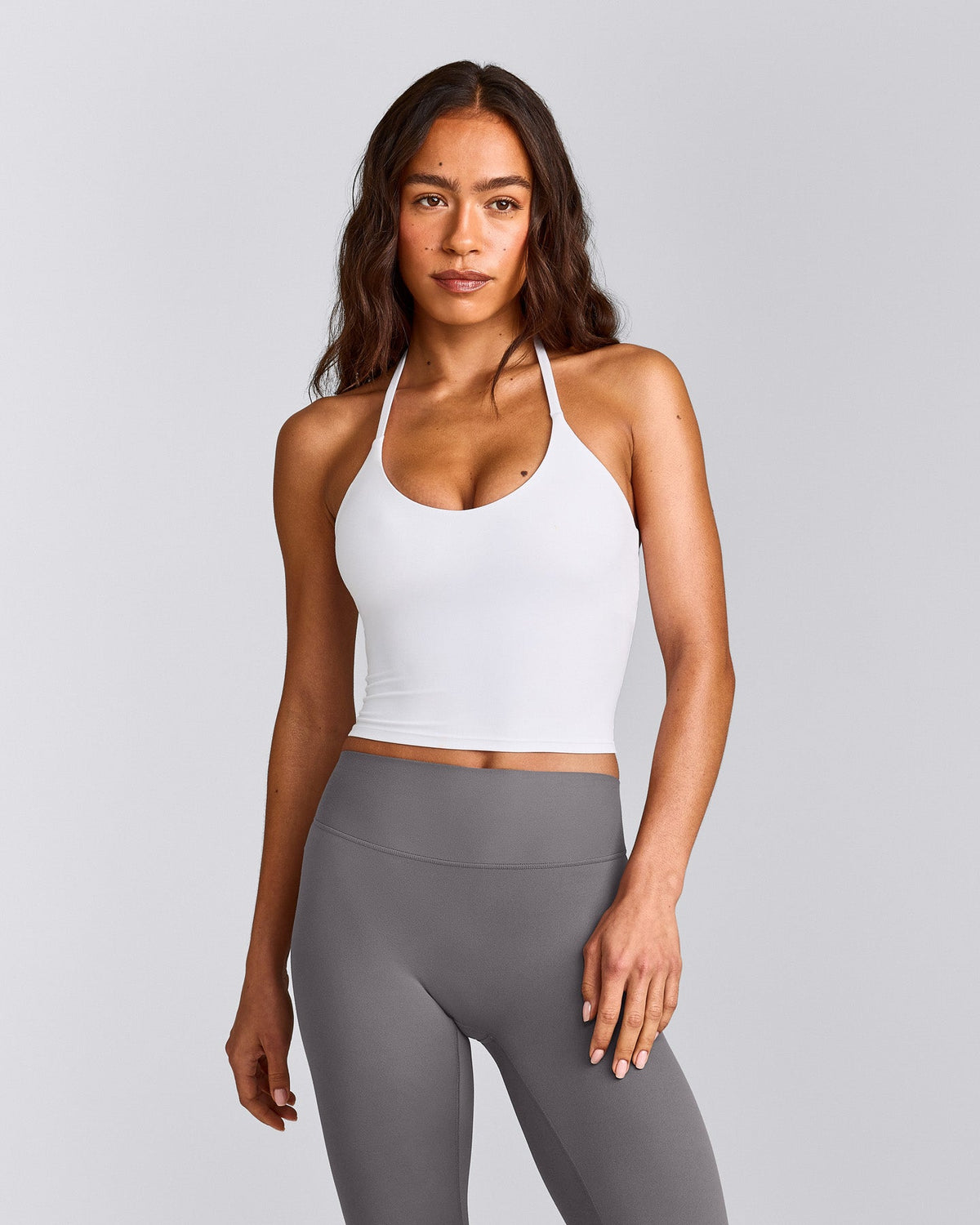 Oner Active SoftMotion™ Strappy Halter Neck Mid Tank Top with Built in Bra Shelf | White