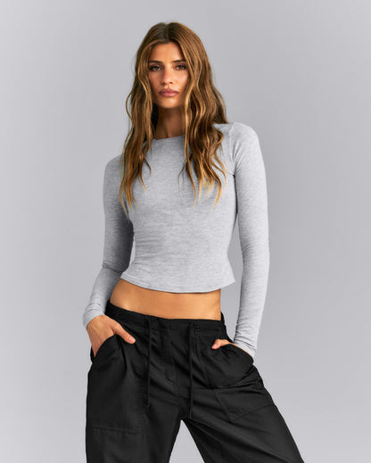 Oner Active Fitted Cotton Long Sleeve Crew Neck Top | Mid Gray Marl