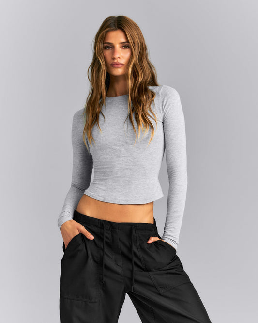 Oner Active Fitted Cotton Long Sleeve Crew Neck Top | Mid Gray Marl