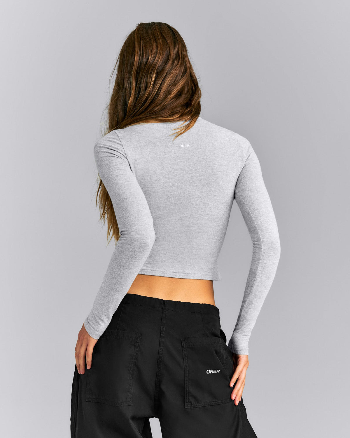 Oner Active Fitted Cotton Long Sleeve Crew Neck Top | Mid Gray Marl