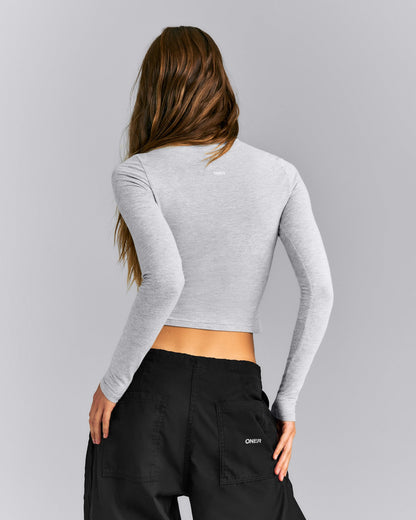 Oner Active Fitted Cotton Long Sleeve Crew Neck Top | Mid Gray Marl