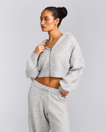 Oner Active Oversized Knit Zip Up Mid Hoodie | Light Gray Marl