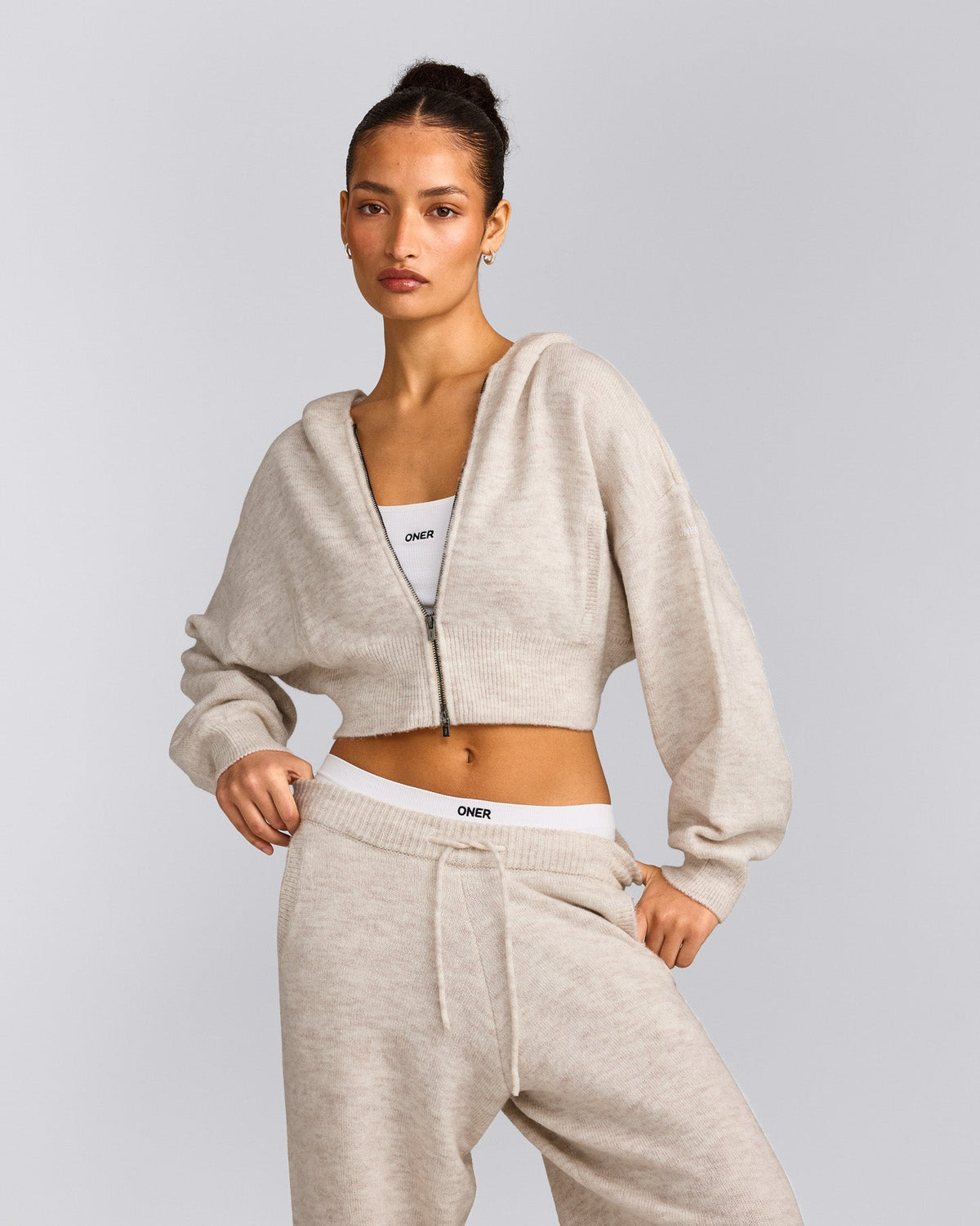 Oner Active Oversized Knit Zip Up Mid Hoodie | Oat Marl