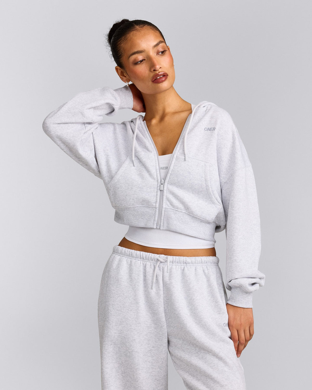 Oner Active Foundations All Season Cropped Zip Up Hoodie | Gray Marl