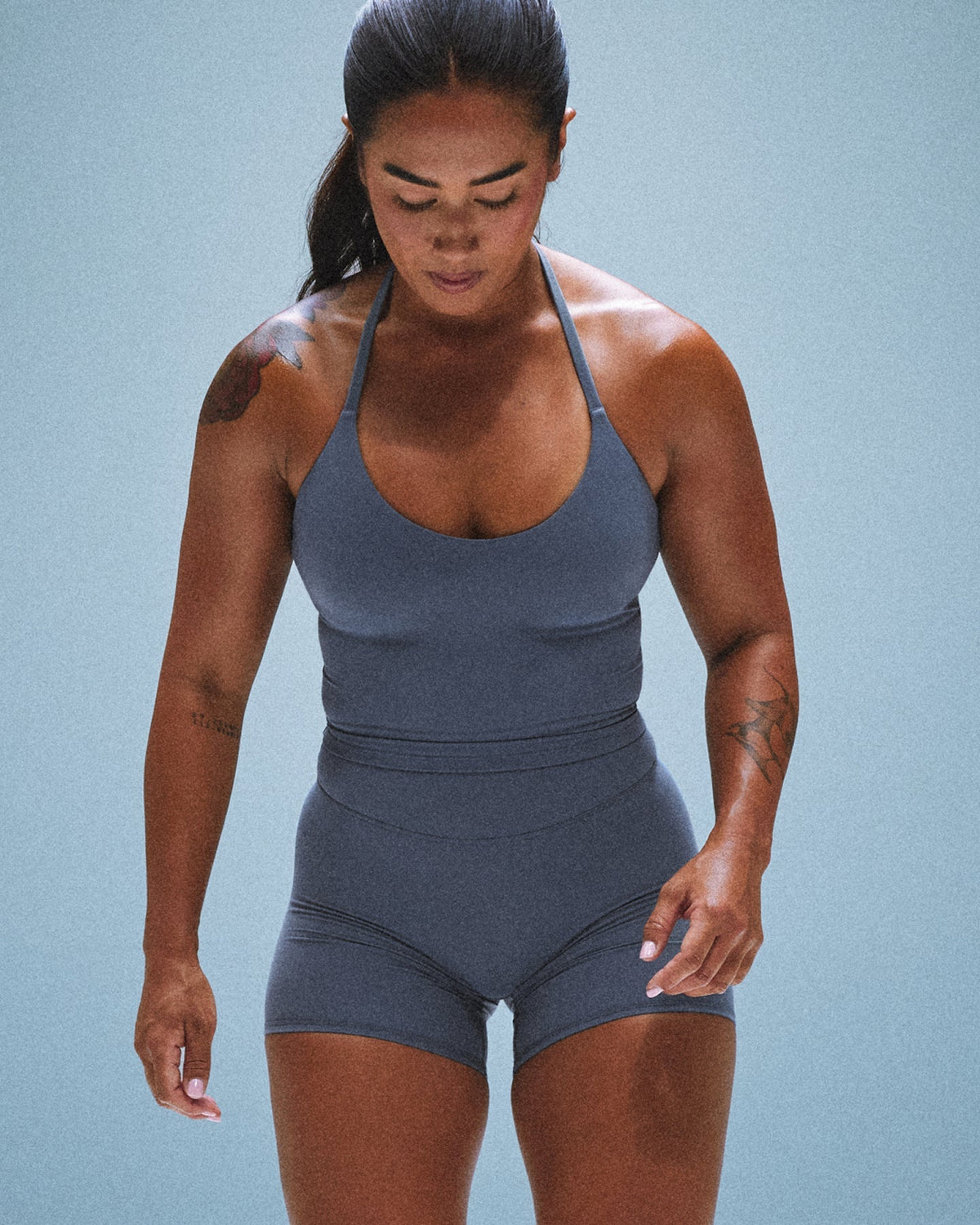 Oner Active SoftMotion™ Strappy Halter Neck Mid Tank Top with Built in Bra Shelf | Granite Blue
